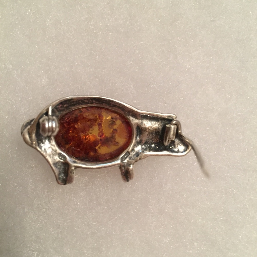 BROOCH PIN VINTAGE STERLING SILVER 925 AMBER PIG - Picture 4 of 5